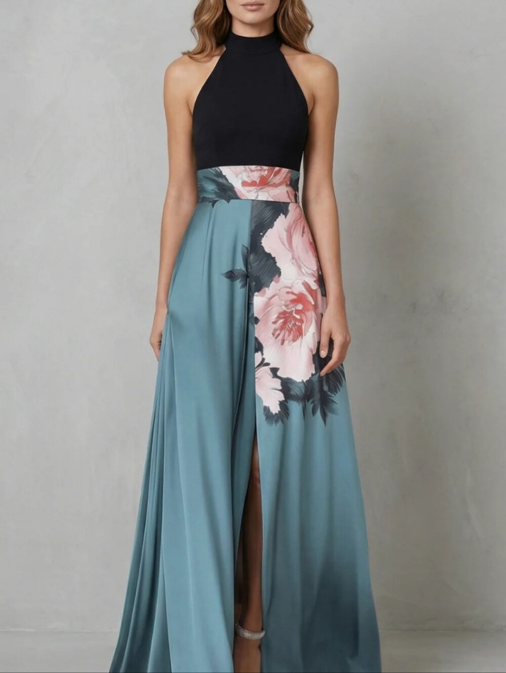 High-Neck Black & Teal Floral Maxi Dress - Never Worn